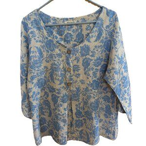 Laura Bianchi 100% Linen Blue & Natural Floral Top - Size M
